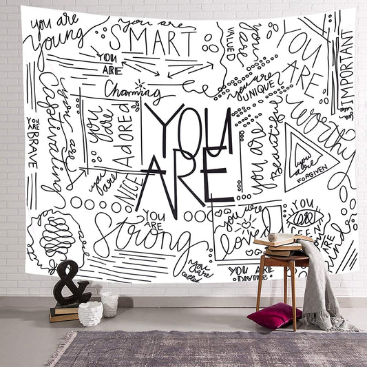 Quote You Are Wall Tapestry, Inspirational Wall Art Positive Saying Wall Hanging White Tapestry for Teen Girl Bedroom Dorm - 51.2X59.1 Inches