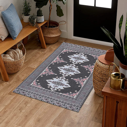 Persian Tribal Throw Rugs with Non-Slip Pad, Aztec Ethnic African Oriental Small Cotton Area Rug 2X3, Distressed Kilim Rug Floor Carpet for Kitchen Bathroom Washable (Charcoal Grey, 2X3)