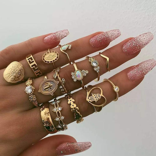 59 Pcs Vintage Knuckle Rings Set Stackable Finger Rings Midi Rings for Women Bohemian Hollow Carved Flowers Gold&Silver Rings Crystal Joint Rings (1:59 PCS Gold)