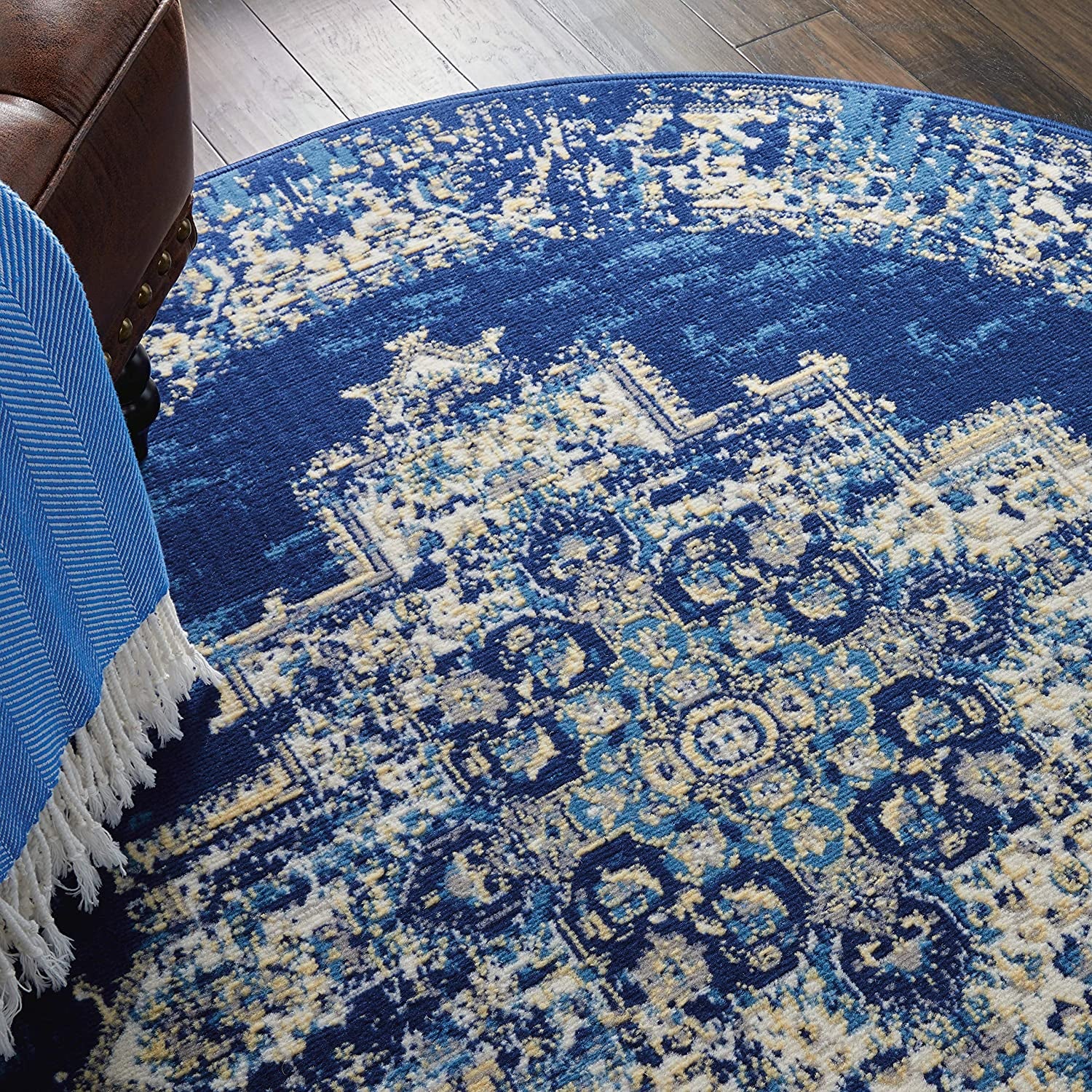 Grafix Persian Navy Blue 5'3" X round Area Rug, Easy Cleaning, Non Shedding, Bed Room, Living Room, Dining Room, Kitchen (5 Round)