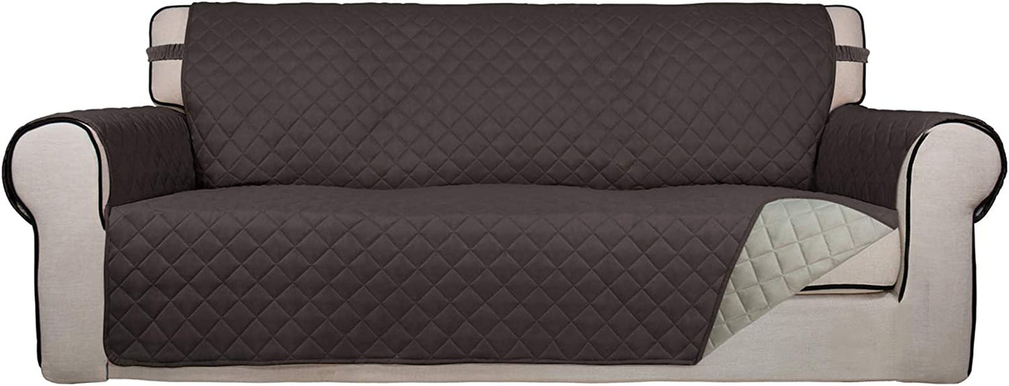Reversible Quilted Sofa Cover, Water Resistant Slipcover Furniture Protector, Washable Couch Cover with Non Slip Foam and Elastic Straps for Kids, Dogs, Pets (Sofa, Chocolate/Beige)
