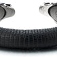 Mens Steel Wolf Head Open Cuff Bangle Bracelet Inlaid with Black Leather Elastic Adjustable