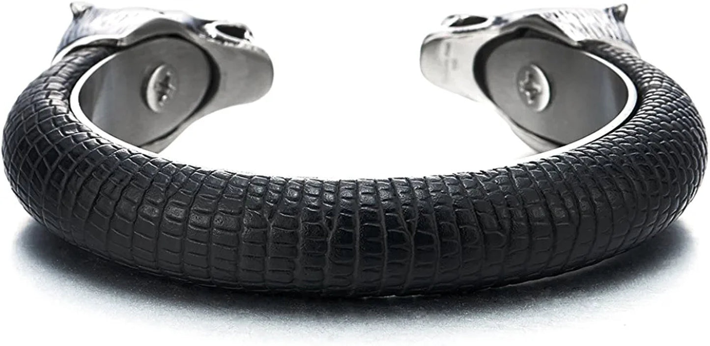 Mens Steel Wolf Head Open Cuff Bangle Bracelet Inlaid with Black Leather Elastic Adjustable