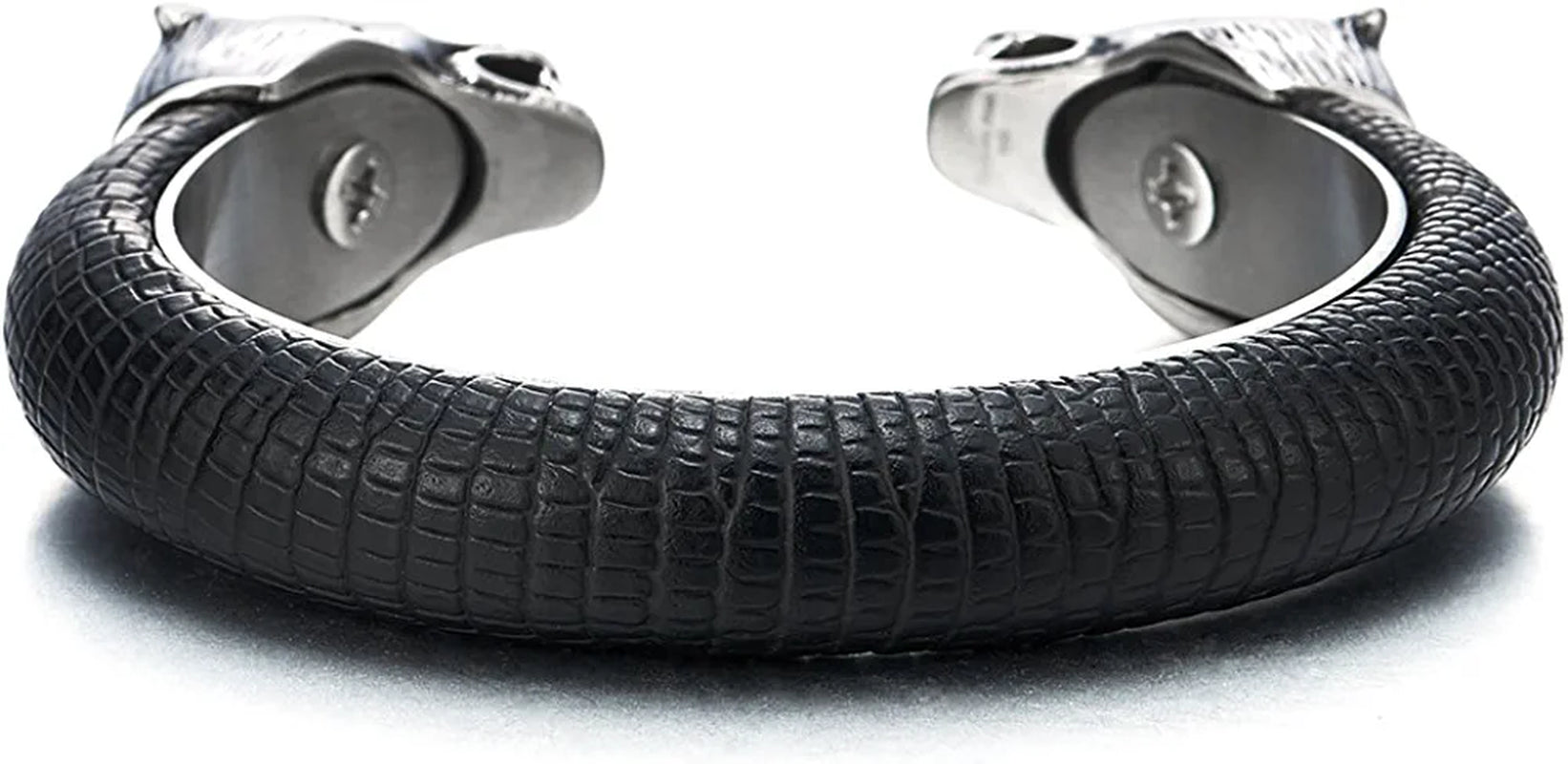 Mens Steel Wolf Head Open Cuff Bangle Bracelet Inlaid with Black Leather Elastic Adjustable