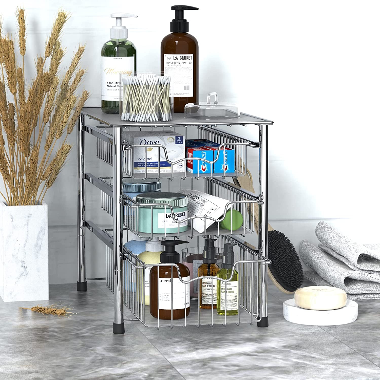 Stackable 3 Tier Sliding Basket Organizer Drawer, Chrome
