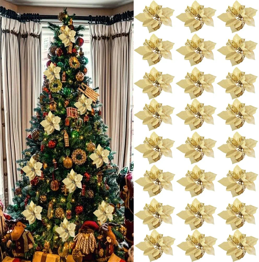 24 PCS Gold Poinsettia Artificial Flowers Glitter Christmas Tree Ornaments for Xmas Wedding Party Wreath Decoration