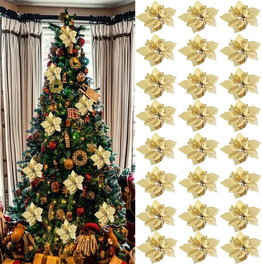 24 PCS Gold Poinsettia Artificial Flowers Glitter Christmas Tree Ornaments for Xmas Wedding Party Wreath Decoration