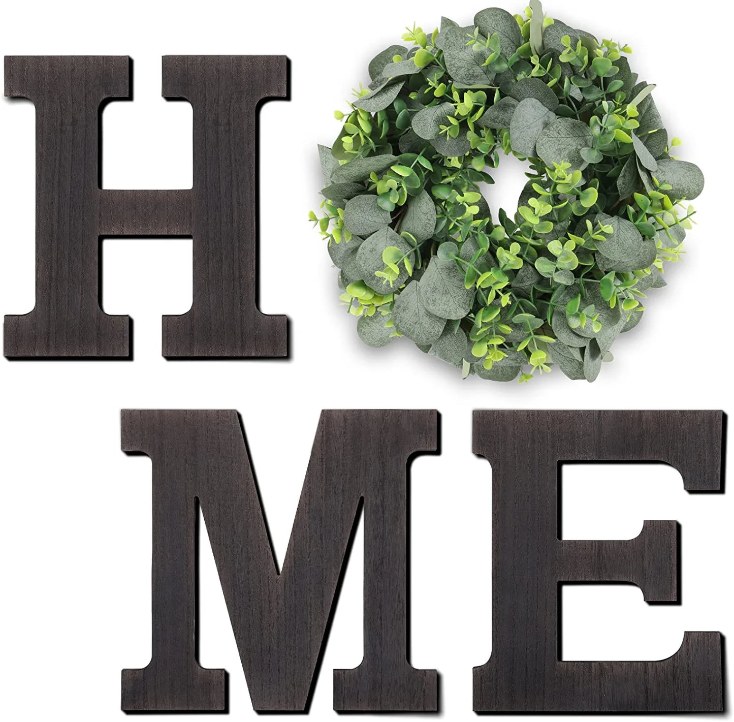 Home Sign Wall Decor Wooden Farmhouse Wall Decor Hanging Letters Home Sign with Eucalyptus Wreath for Front Door Living Room Entryway Kitchen Bathroom Housewarming