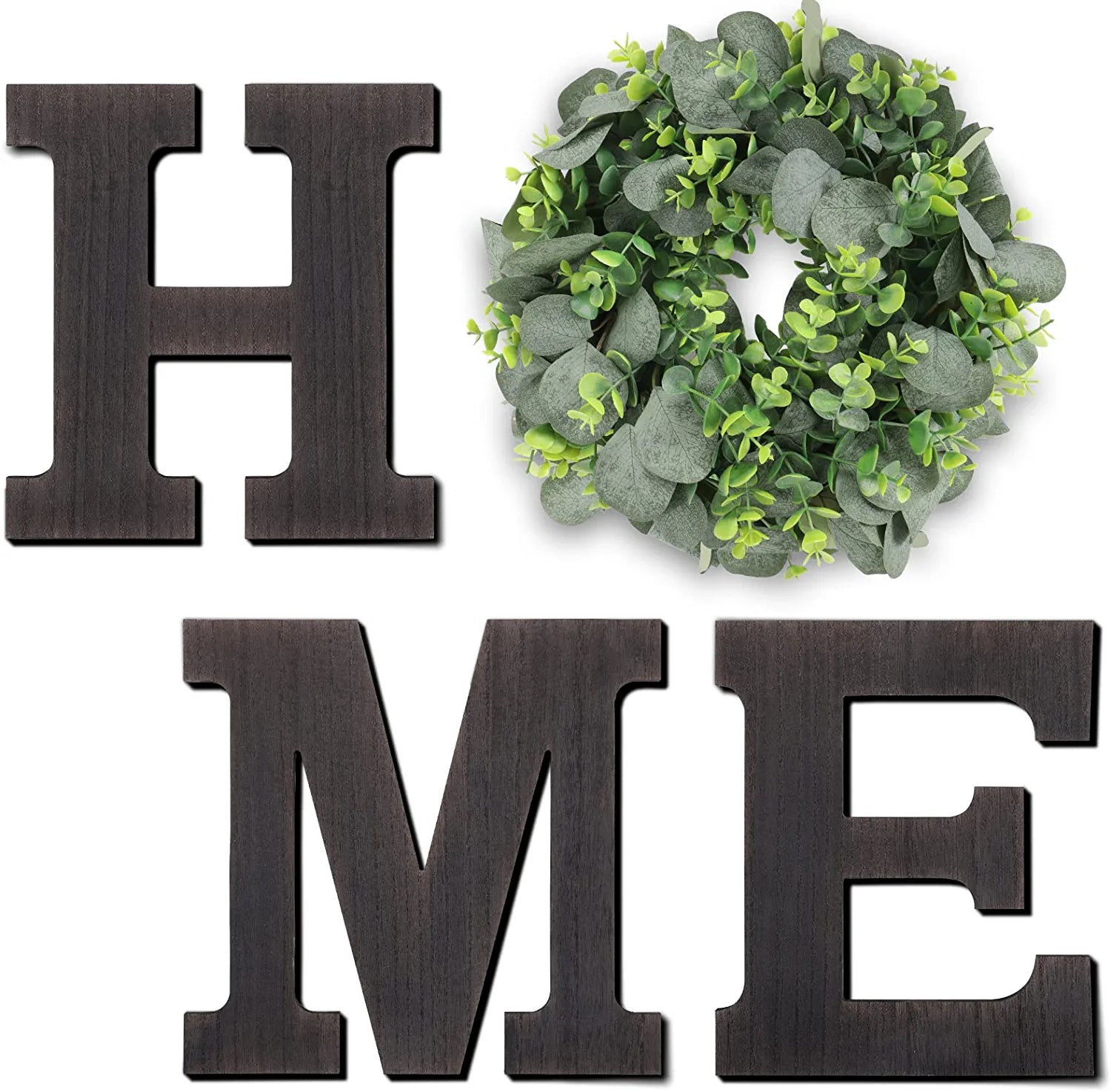 Home Sign Wall Decor Wooden Farmhouse Wall Decor Hanging Letters Home Sign with Eucalyptus Wreath for Front Door Living Room Entryway Kitchen Bathroom Housewarming