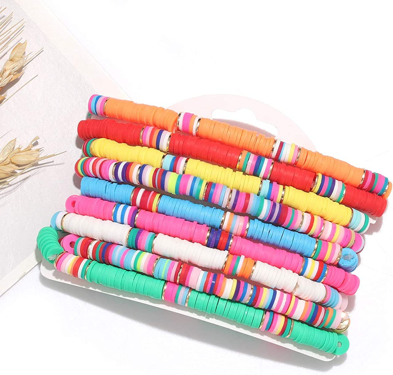 Surfer Heishi Bracelets for Women Stackable Rainbow Vinyl Disc Clay Beaded Stretch Bracelets Elastic Layering Friendship Bracelets Boho Summer Beach Jewelry