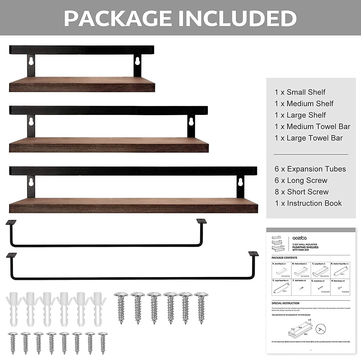 3 Set Pre-Assembled Floating Bathroom Shelves with 2 Towel Bars, Wall Mounted Storage Wood Shelf, Rustic Decor Accessories for Bathroom, Kitchen, Bedroom, Office, over Toilet - Brown