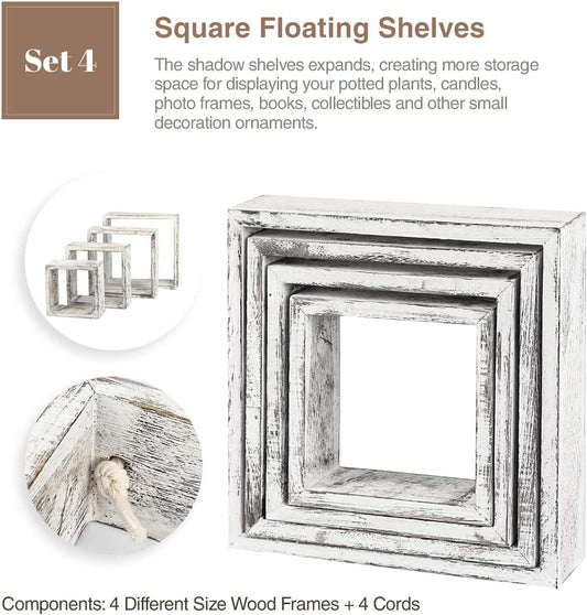 J JACKCUBE DESIGN Floating Hanging Square Shelves Wall Mounted Rustic Wood Cube Display Shelf Shadow Boxes Decorative Boho Home Décor for Living Room, Bedroom, Office, Set of 4 (White) - MK571C
