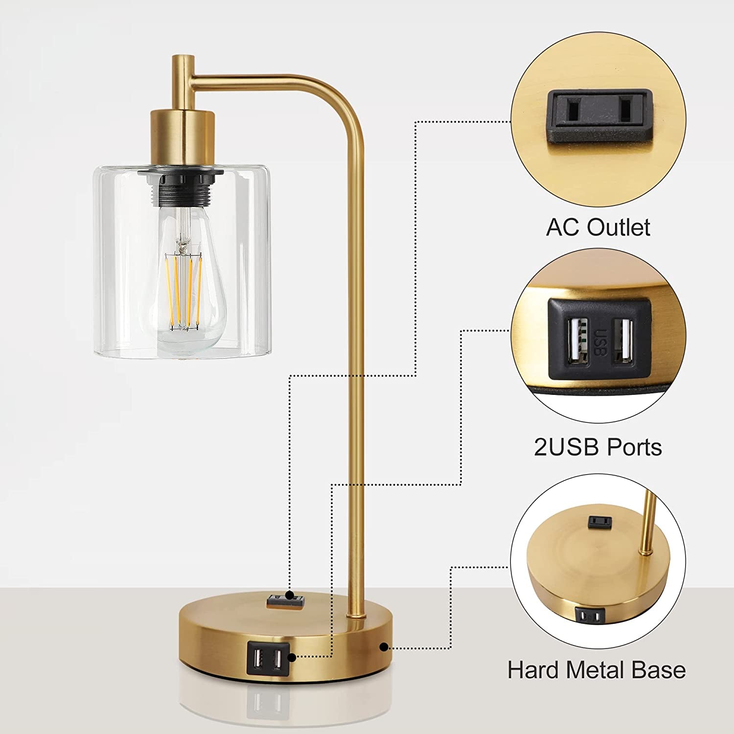 Set of 2 Industrial Touch Control Table Lamps with 2 USB Ports and 2 AC Outlets, 3-Way Dimmable Bedside Nightstand Reading Lamps with 2700K LED Bulbs, Glass Desk Lamp for Living Room,Bedroom