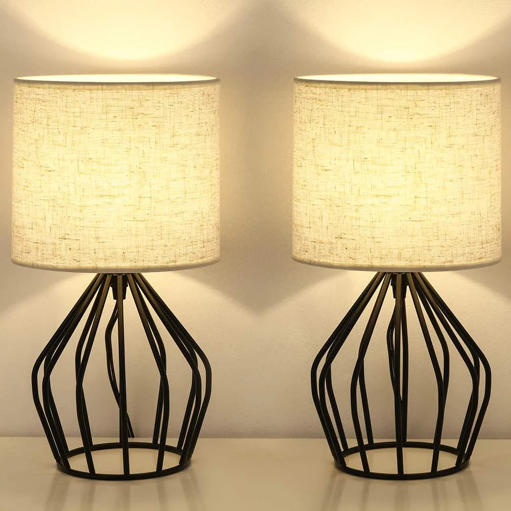 Modern Farmhouse Lamps - Black Metal Table Lamps with Hollowed Out Base , Bedside Lamps Set of 2 with Linen Fabric Lampshade for Bedrooms, Living Room