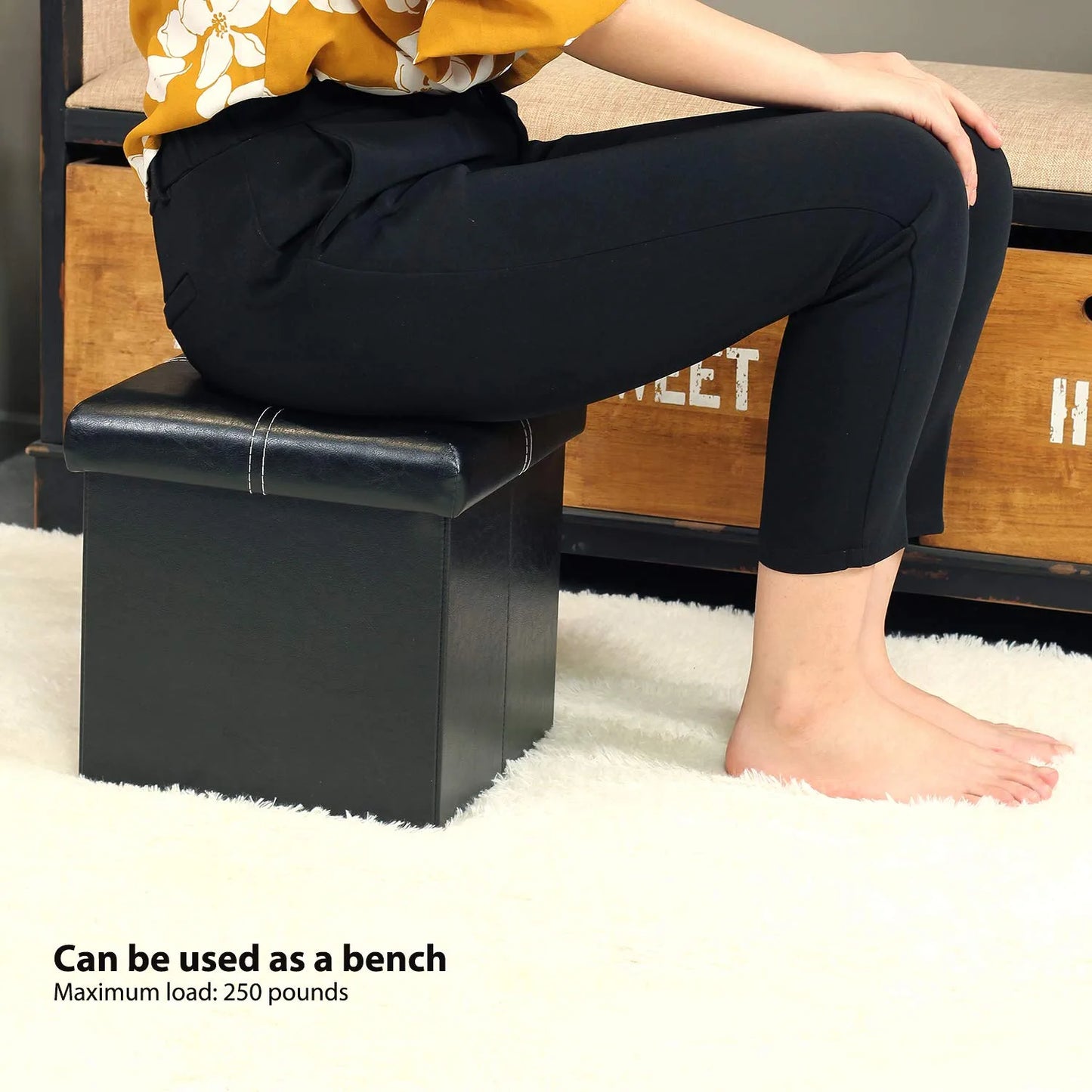 Storage Ottoman with Faux Leather Foldable Small Square Foot Rest Stools Coffee Table Black 11.8"X 11.8" X 11.8"