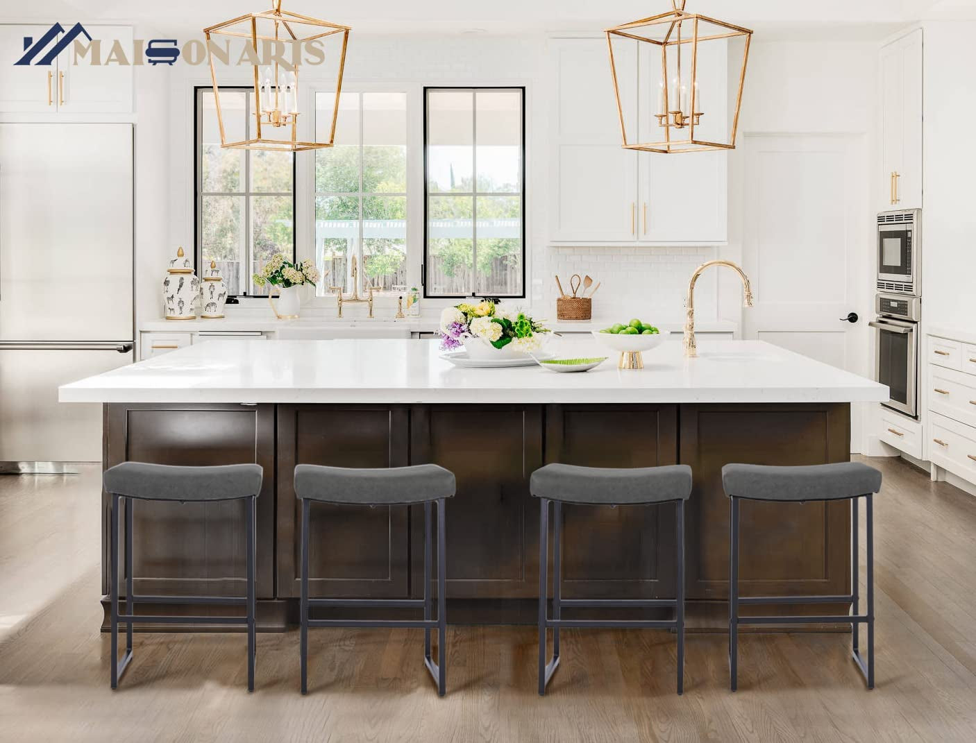 Grey Bar Stools Set of 2 Counter Height 24 Inches Saddle Stools for Kitchen Counter Backless Modern Barstools Upholstered Faux Leather Stools Farmhouse Island Chairs, Grey, 2Pcs
