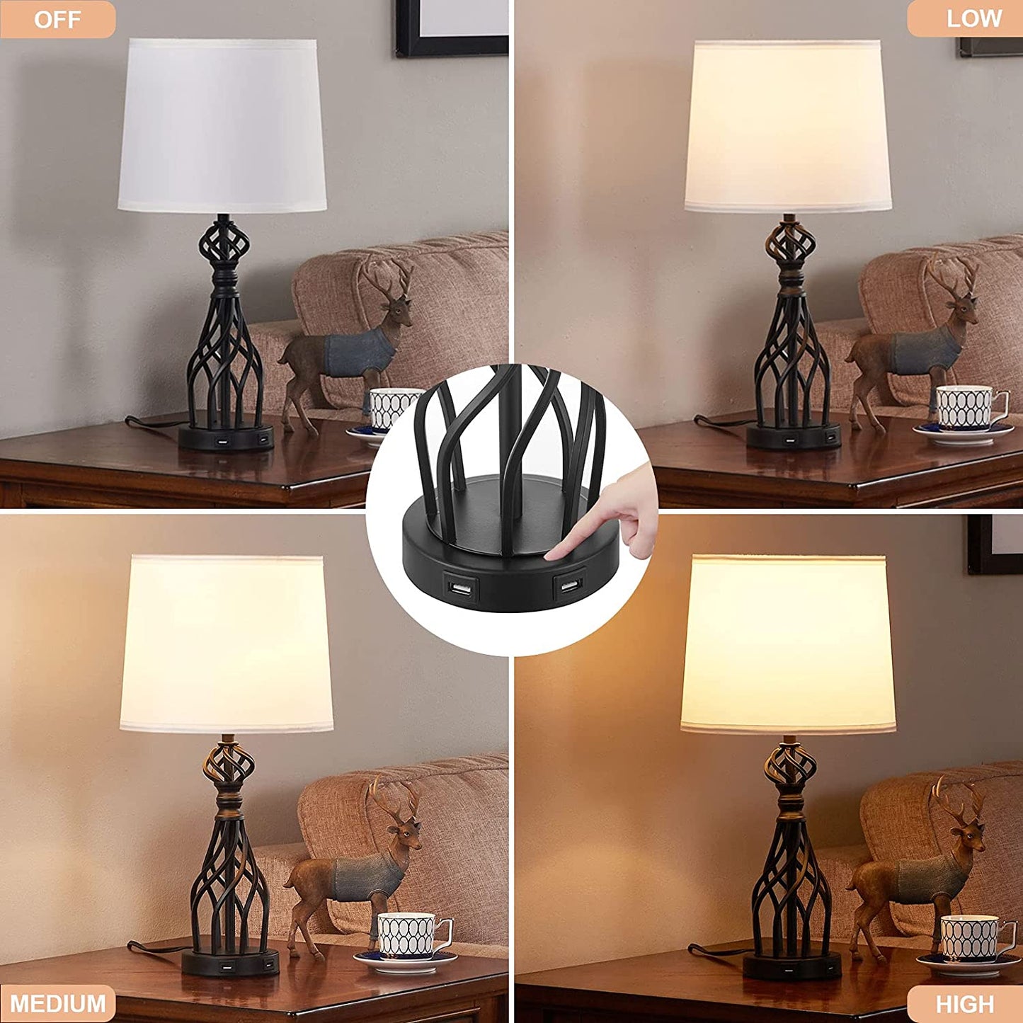 Set of 2 Touch Control Table Lamp with 2 USB Ports, 3-Way Dimmable Modern Nightstand Lamp Sets, Bedroom Lamp Set of 2 with Fabric Shade, Bedside Touch Desk Lamp for Bedroom Living Room(Bulbs Included)