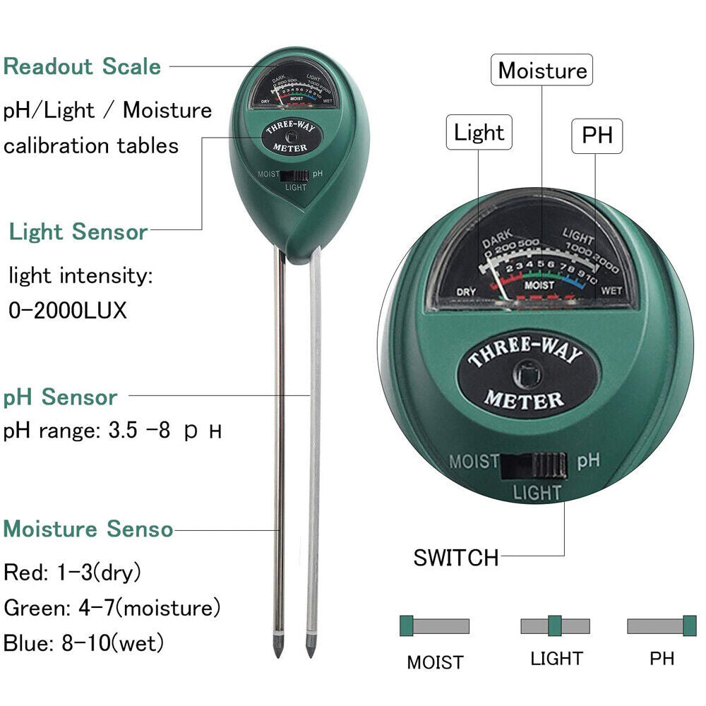 3 in 1 Soil Moister Tester Water Ph Light Test Meter Kit Gardening Grass Plants
