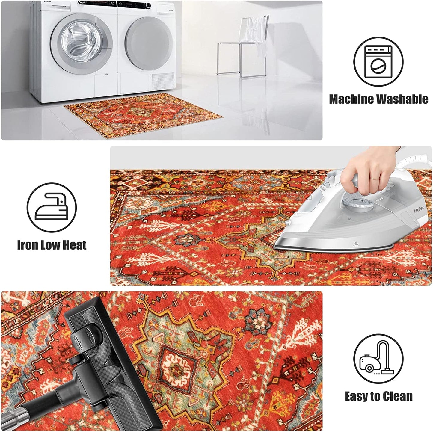 Oriental Floral Area Rug 3X5 Persian Distressed Living Room Throw Rug Boho Trible Indoor Washable Accent Rug Faux Wool Non-Slip Collection Floor Carpets for Sofa Dining Room Bedroom-Orange