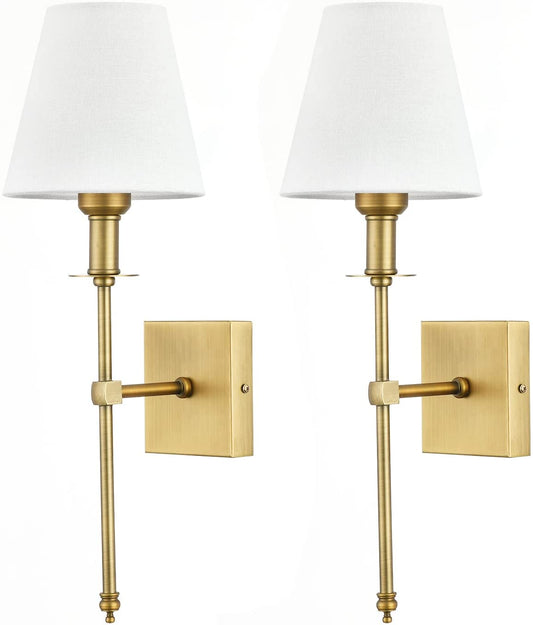 Wall Sconces Sets of 2, Brushed Brass Sconces Wall Lighting with Fabric Shade, Column Stand Bathroom Vanity Light Fixture for Hallway, Entryway, Passway Kitchen, Gold
