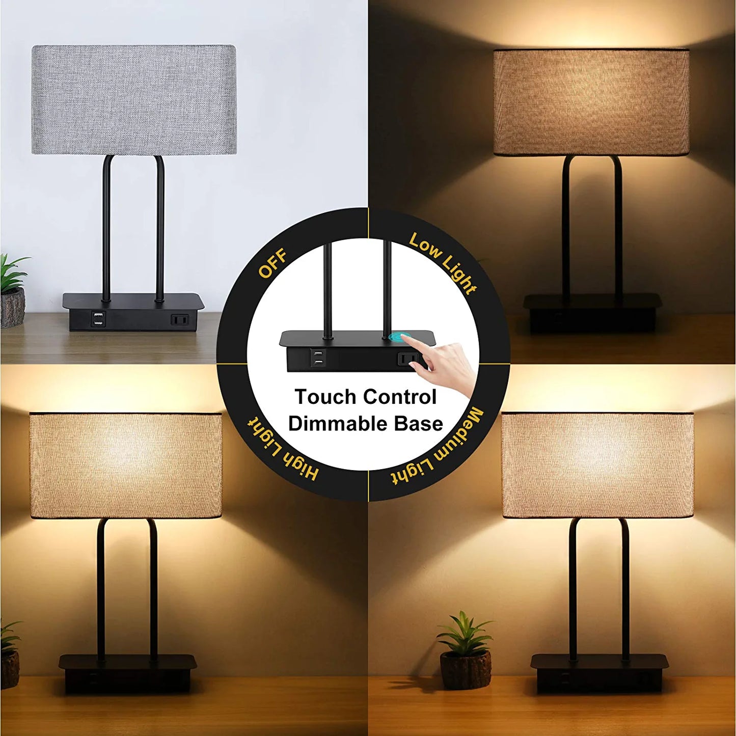 Set of 2 Touch Control 3-Way Dimmable Table Lamp with 2 USB Ports &1 AC Outlet, Modern Bedside Nightstand Lamps with Fabric Shade, Desk Lamps for Bedroom Living Room Grey, Bulbs Included