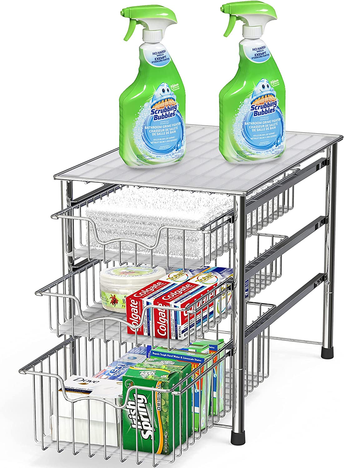 Stackable 3 Tier Sliding Basket Organizer Drawer, Chrome