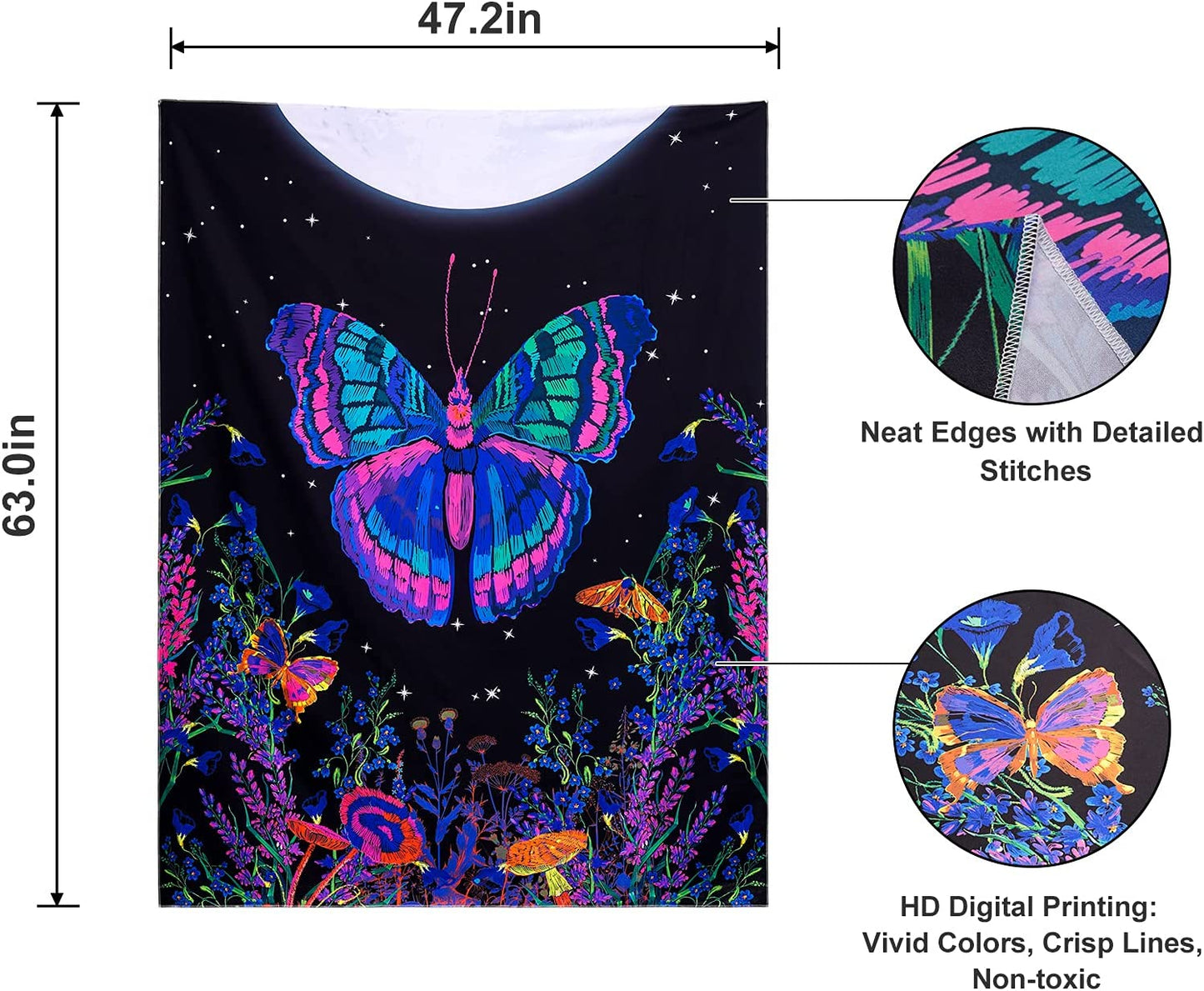 Blacklight Butterfly Tapestry, Moonlit Garden Black Light Wall Tapestry Butterflies Flower Moon Aesthetic Tapestry Wall Hanging for Bedroom (48 X 63 Inches)