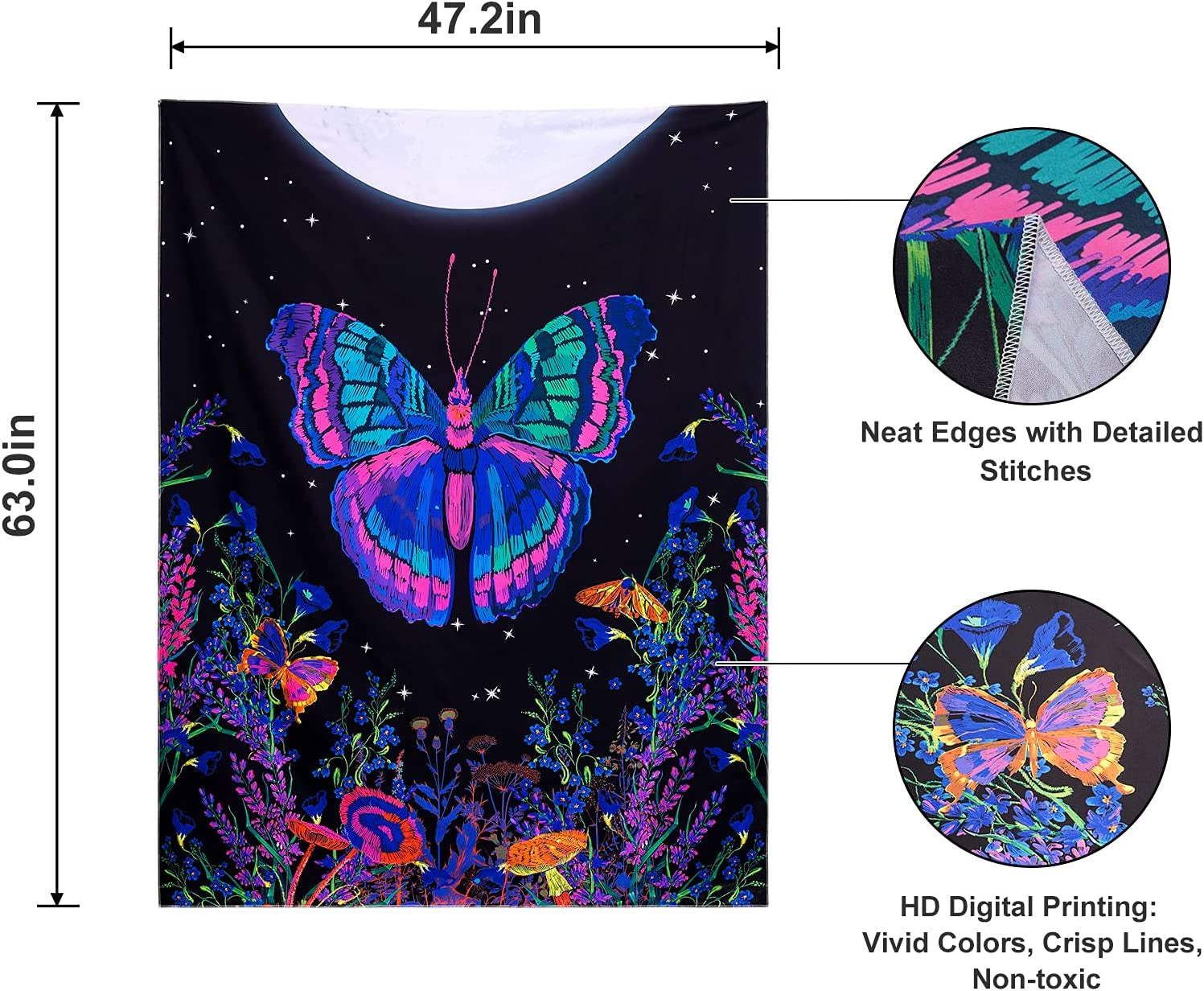 Blacklight Butterfly Tapestry, Moonlit Garden Black Light Wall Tapestry Butterflies Flower Moon Aesthetic Tapestry Wall Hanging for Bedroom (48 X 63 Inches)
