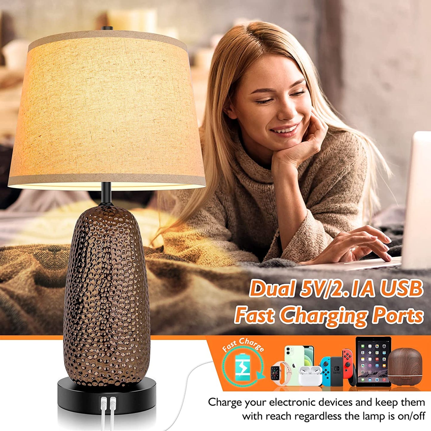 Touch Control Table Lamps Set of 2-3-Way Dimmable Ceramic Nightstand Lamps with 2 USB Ports, Modern Bedside Desk Light with Beige Drum Shade for Bedroom Living Room Reading, A19 LED Bulbs Included