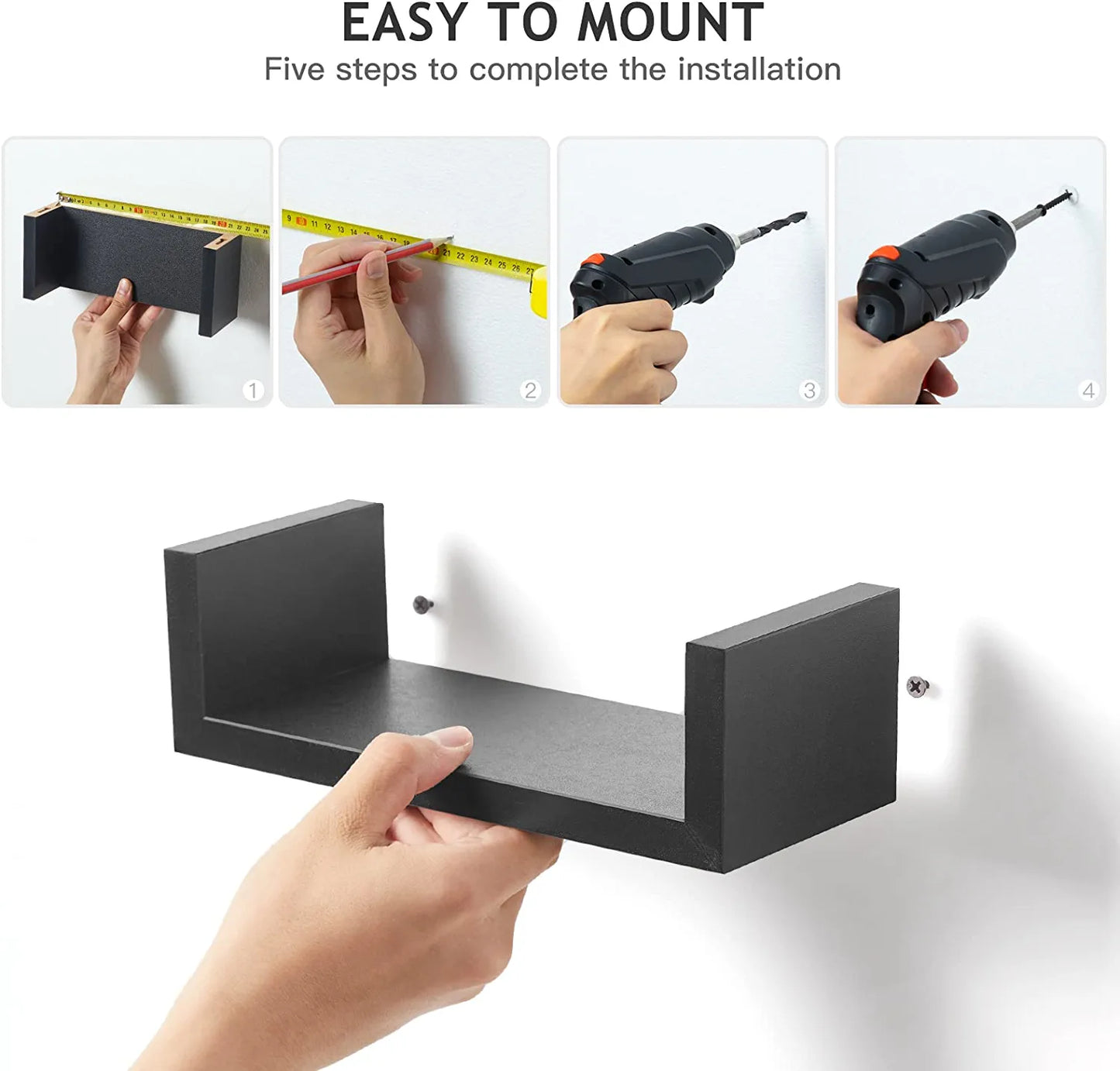 Floating Shelves U-Shaped, Wall Shelf 3 Sizes, Black Floating Shelves for Bathroom/Bedroom/Living Room/Kitchen - AMFS13-B