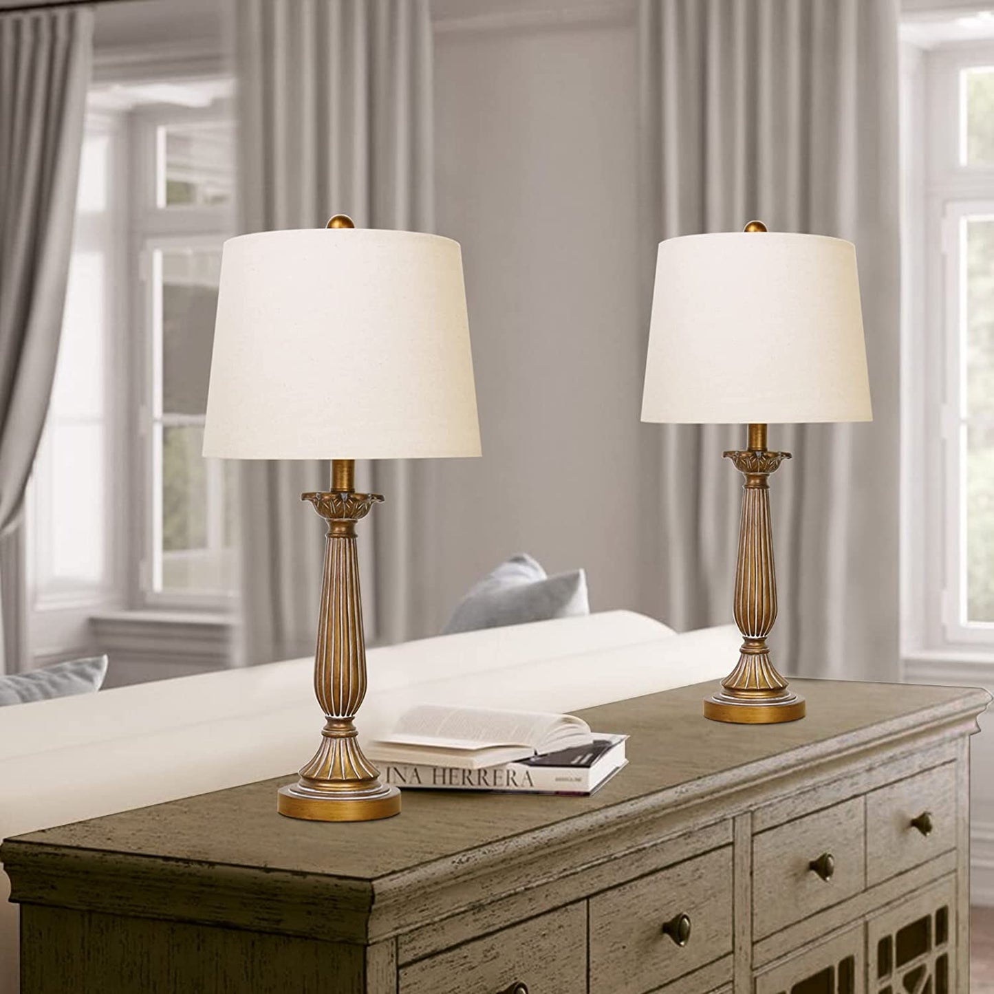 Farmhouse Table Lamp Set of 2, 3-Way Dimmable Rustic Nightstand Lamps for Living Room, 25'' Vintage Resin Table Lamps with Fabric Shade for Bedroom, Reading Room, Entryway(Led Bulbs Included)