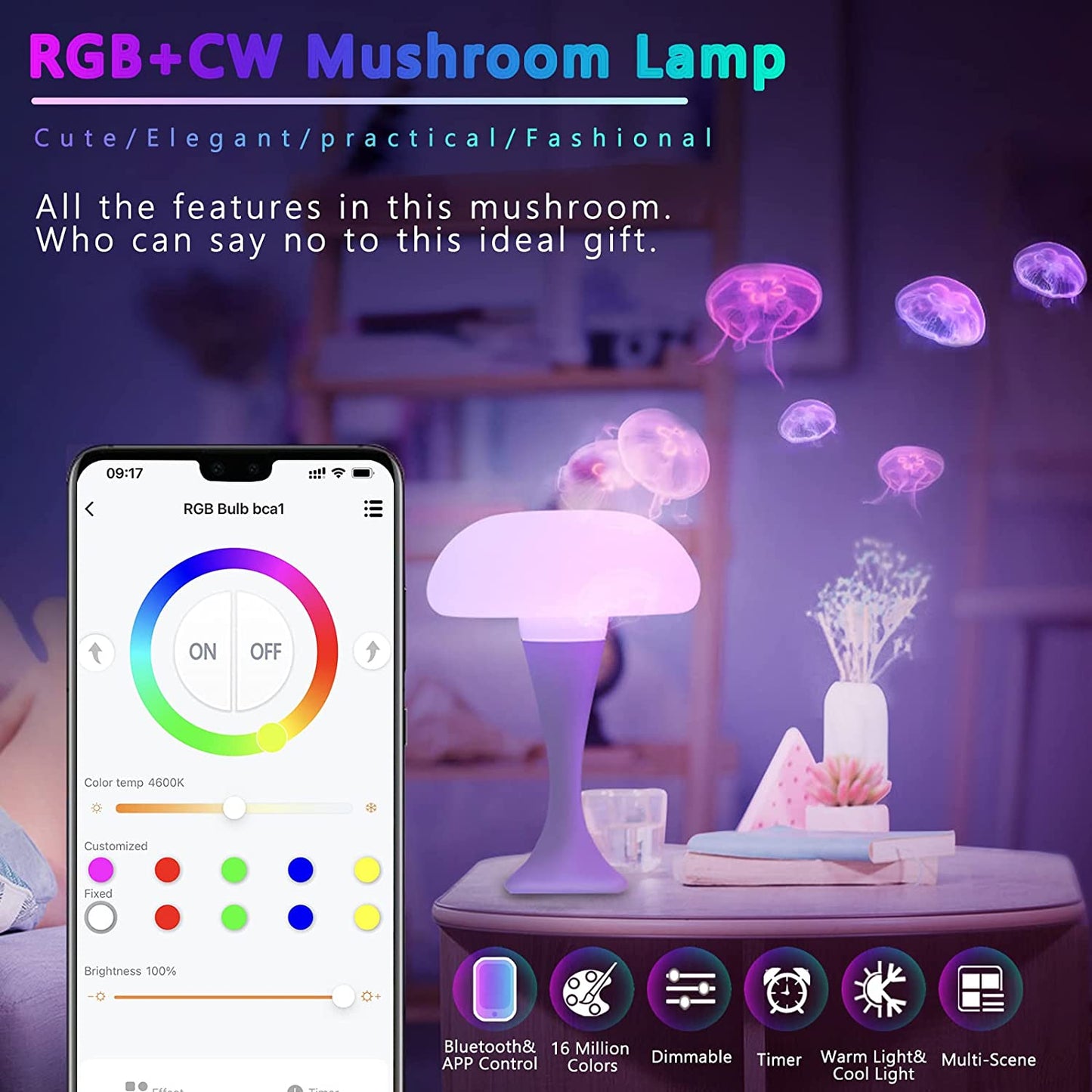 RGB Color Changing Mushroom Lamp, Smart Ambient Light Table Lamp with APP Control, Night Light for Kids Room, Nursery, Bedside Nightstand Lamps for Bedroom Living Room Desk Best Gift (White)