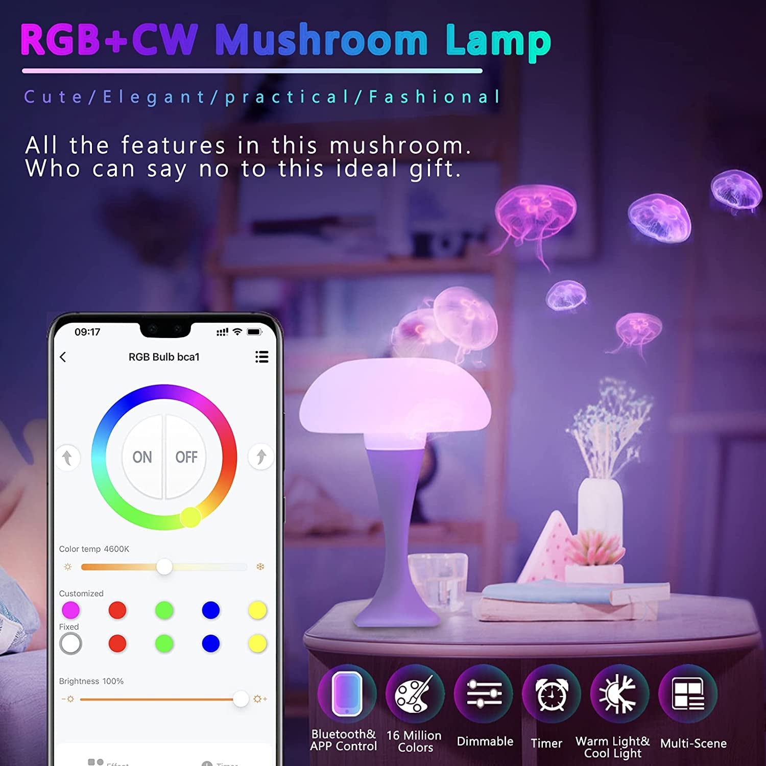 RGB Color Changing Mushroom Lamp, Smart Ambient Light Table Lamp with APP Control, Night Light for Kids Room, Nursery, Bedside Nightstand Lamps for Bedroom Living Room Desk Best Gift (White)