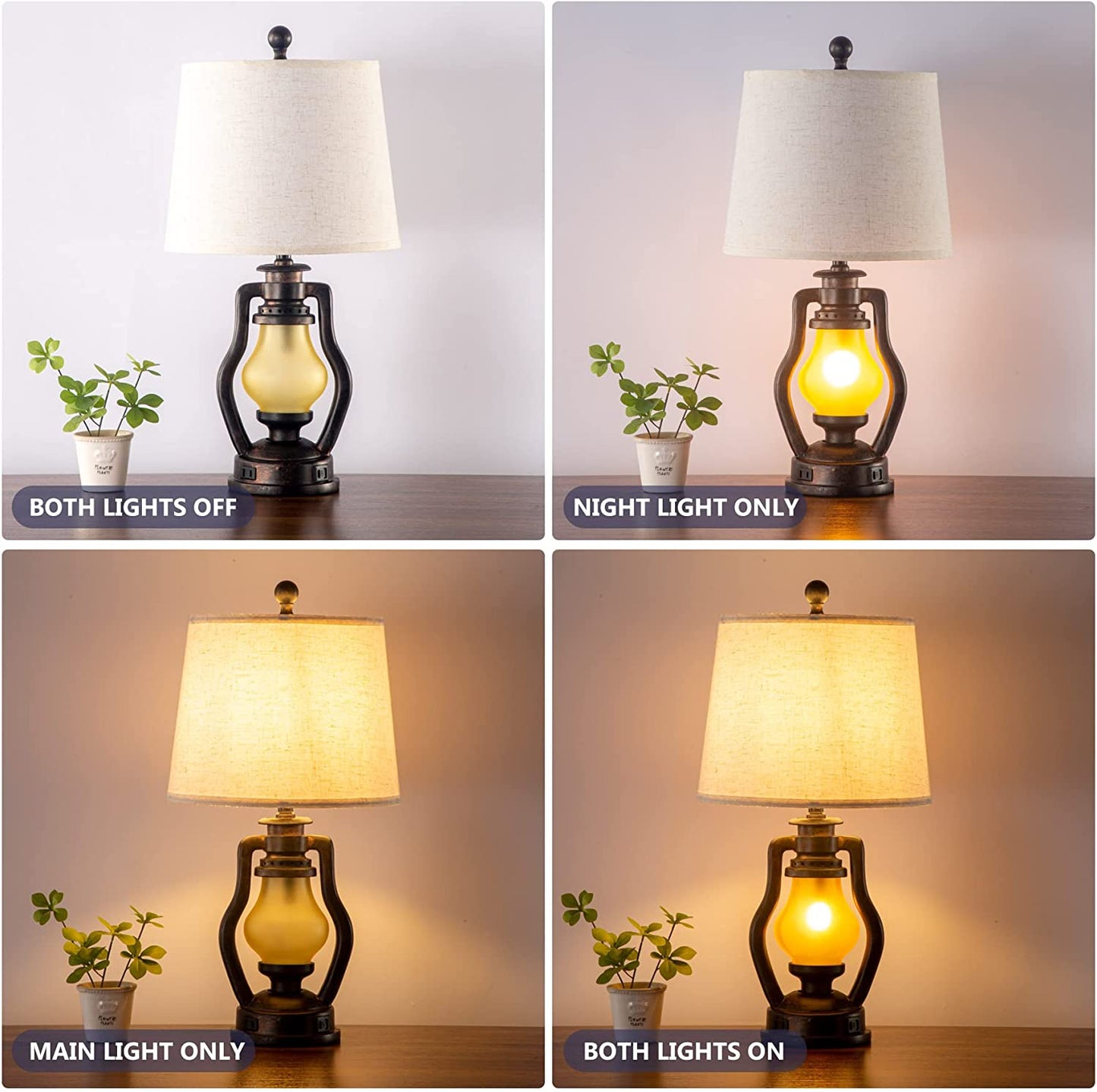 Farmhouse Table Lamps Set of 2 with Nightlight, Lantern Bedside Lamp with 2 USB Port and Outlet, 24 Inch Rustic Nightstand Lamp with Tapered Drum Shade for Living Room Bedroom, Bulbs Included