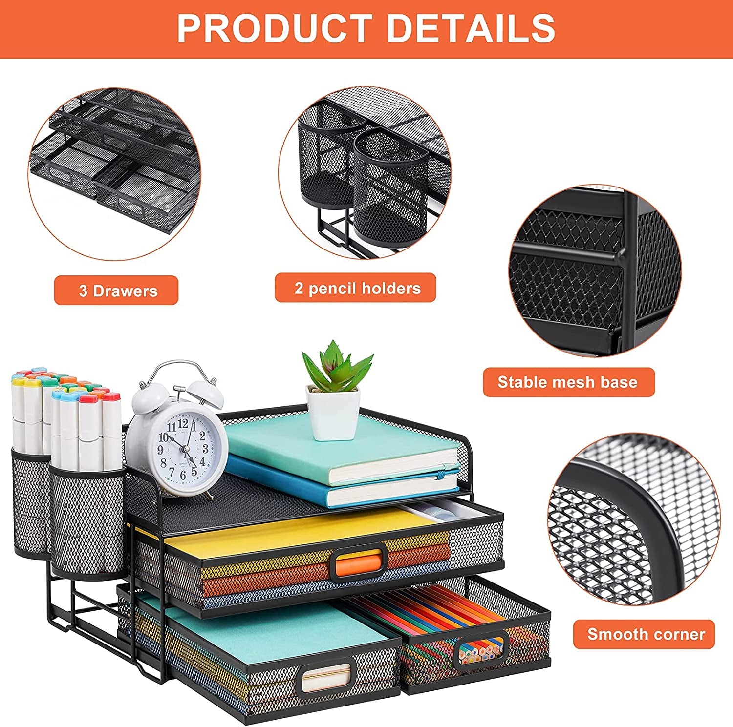 3 Tier Mesh Desk Organizer with Drawer, Multi-Functional Desk Organizers and Accessories, Paper Letter Organizer with 2 Pen Holder for Home Office Supplies - Black