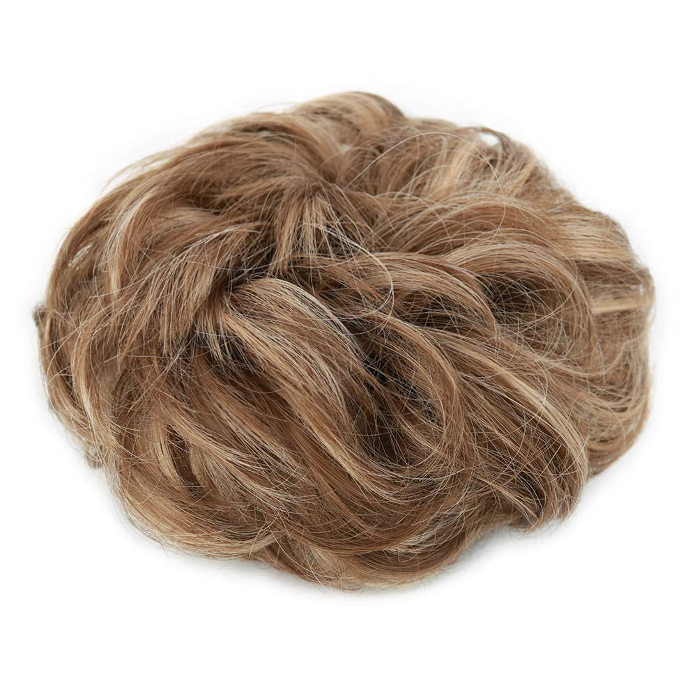 1PCS Messy Hair Bun Hair Scrunchies Extension Curly Wavy Messy Synthetic Chignon for Women Updo Hairpiece (Light Golden Brown & Pale Golden Blonde)