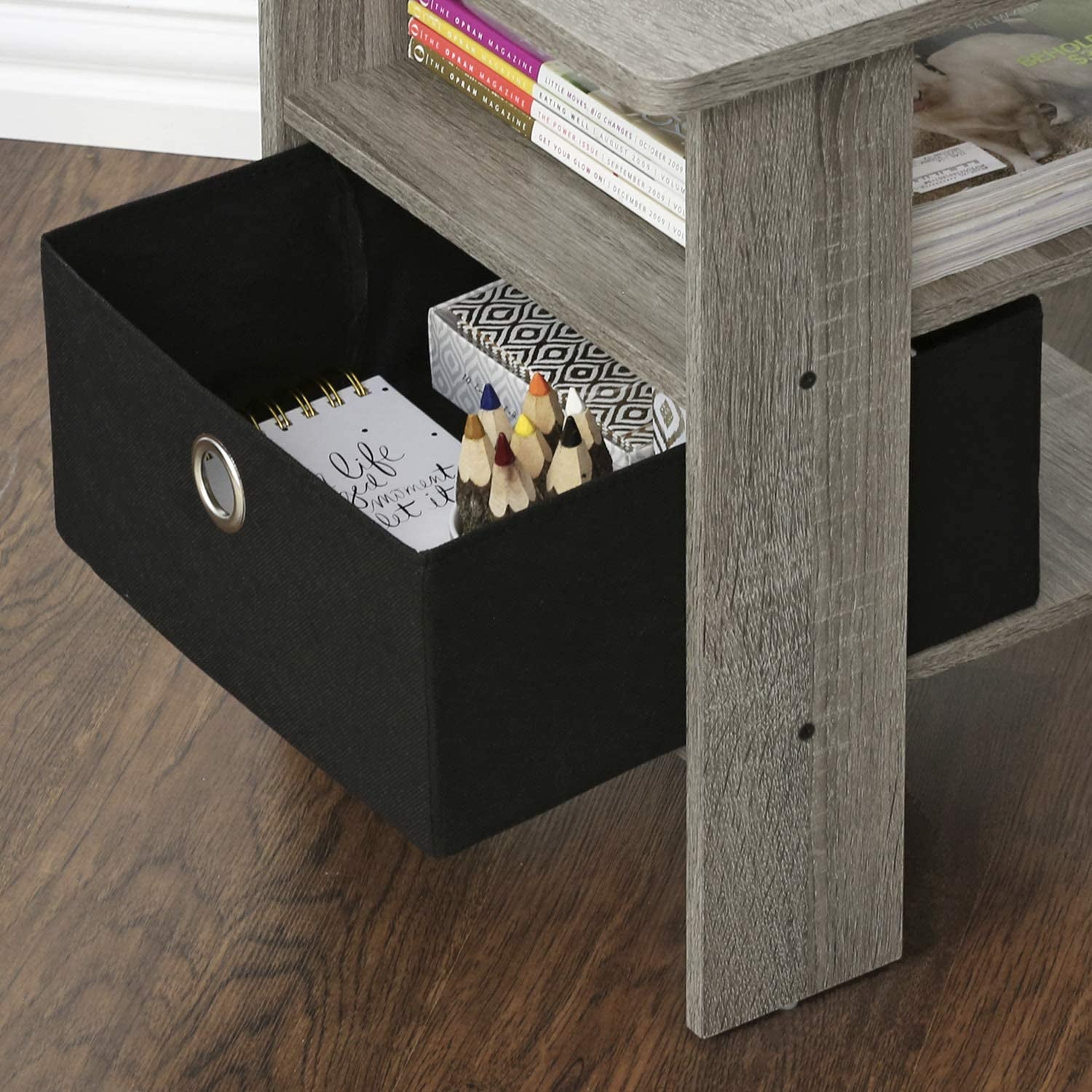 Andrey Set of 2 End Table / Side Table / Night Stand / Bedside Table with Bin Drawer, French Oak Grey