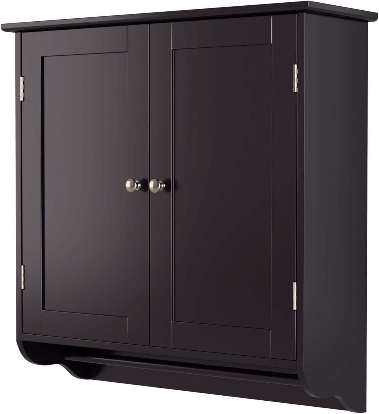 Bathroom Wall Cabinet, over the Toilet Space Saver Storage Cabinet, Medicine Cabinet with 2 Doors Cupboard with Adjustable Shelf and Towels Bar, Dark Brown