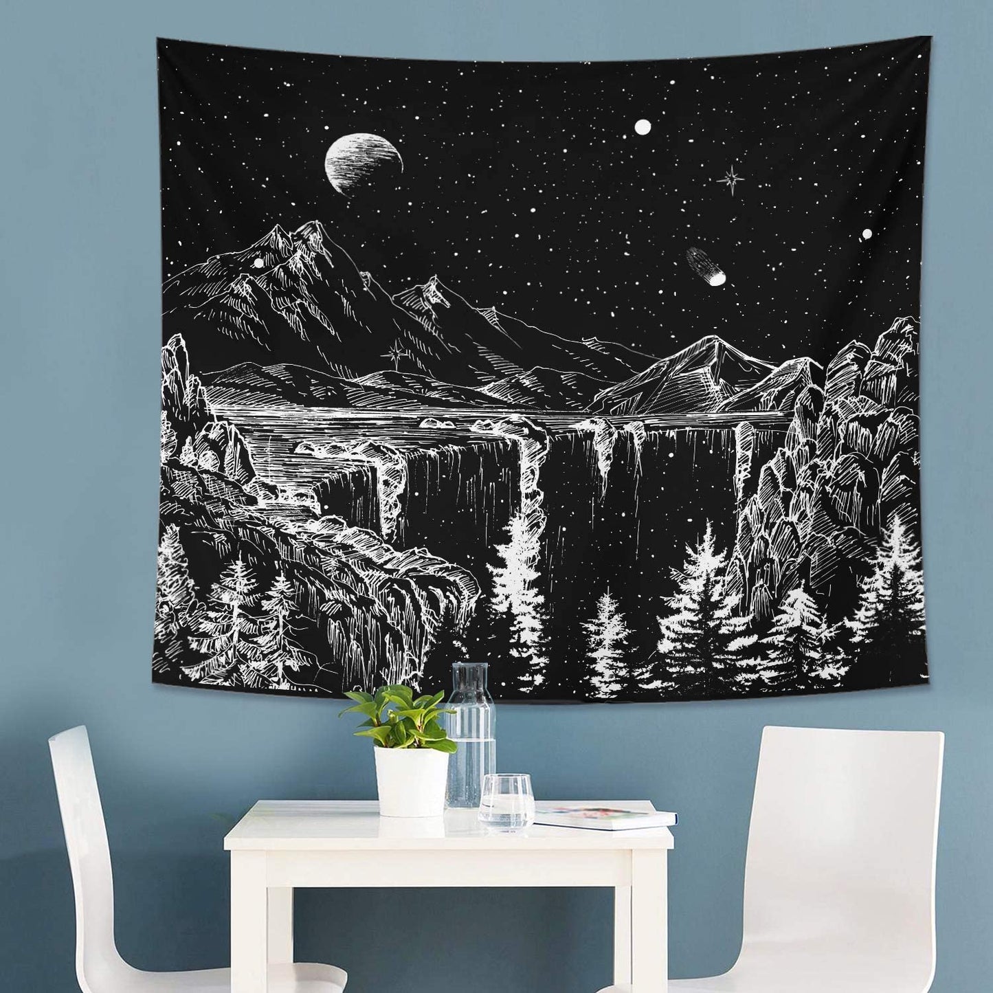 Starry Night Tapestry Mountain Tapestry Moon Stars Tapestry Black and White Tapestry for Bedroom Living Room 59X51 Inch