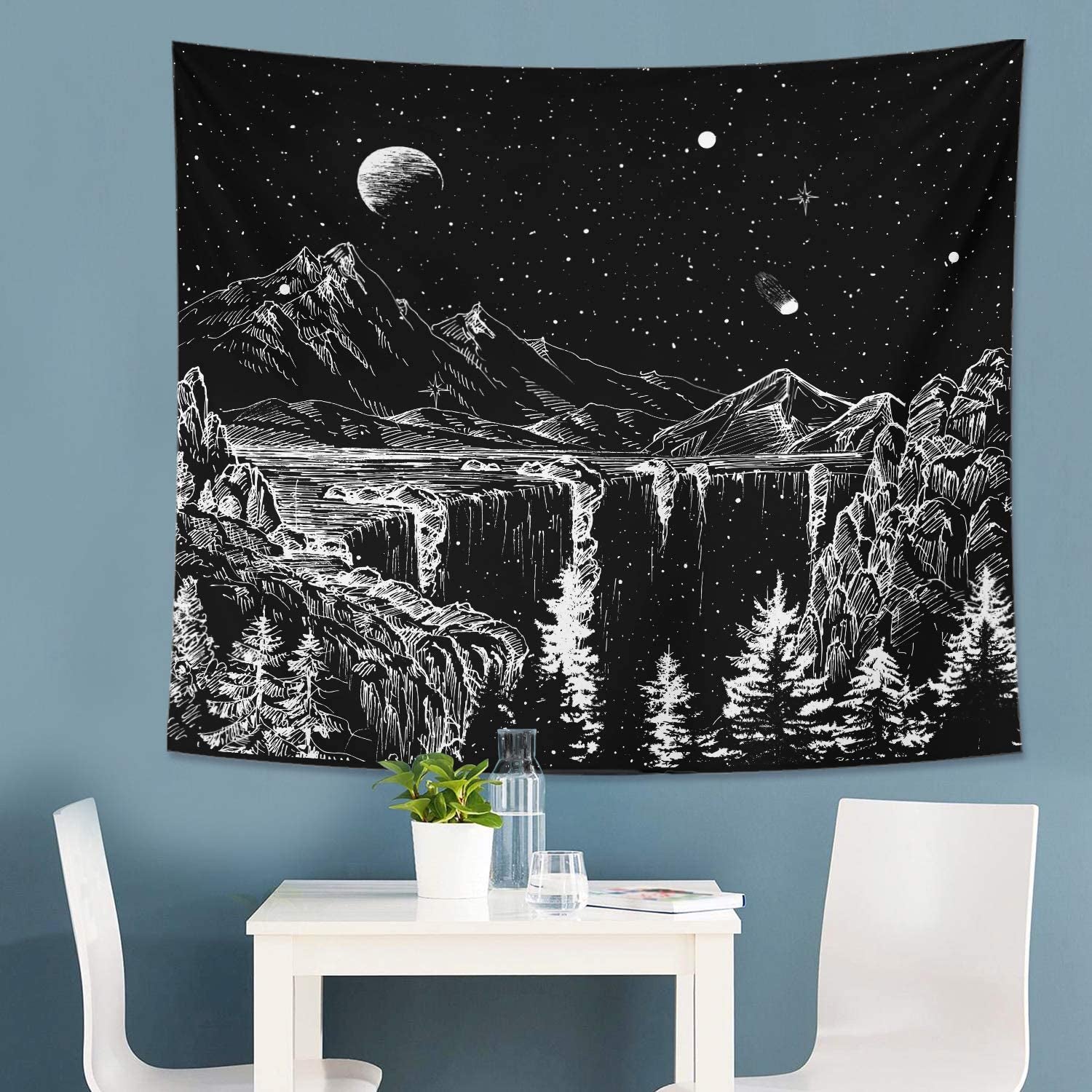 Starry Night Tapestry Mountain Tapestry Moon Stars Tapestry Black and White Tapestry for Bedroom Living Room 59X51 Inch