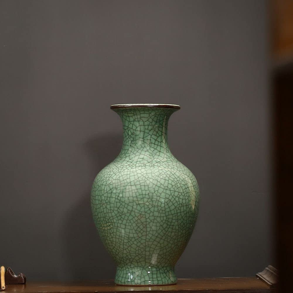 Chinese Ceramic Art Handmade Antique Ice Crack Glaze Vases Big China Porcelain Flower Bottle Vase for Home Decoration(Green)
