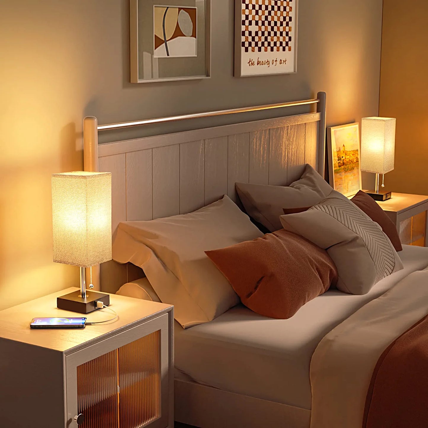 Bedside Lamps for Bedrooms Set of 2 - Table Lamps for Nightstand with USB Ports, Small Night Stand Light Lamp with Grey Fabric Shade for End Table Living Room Home Office Study Room (2 Pack)