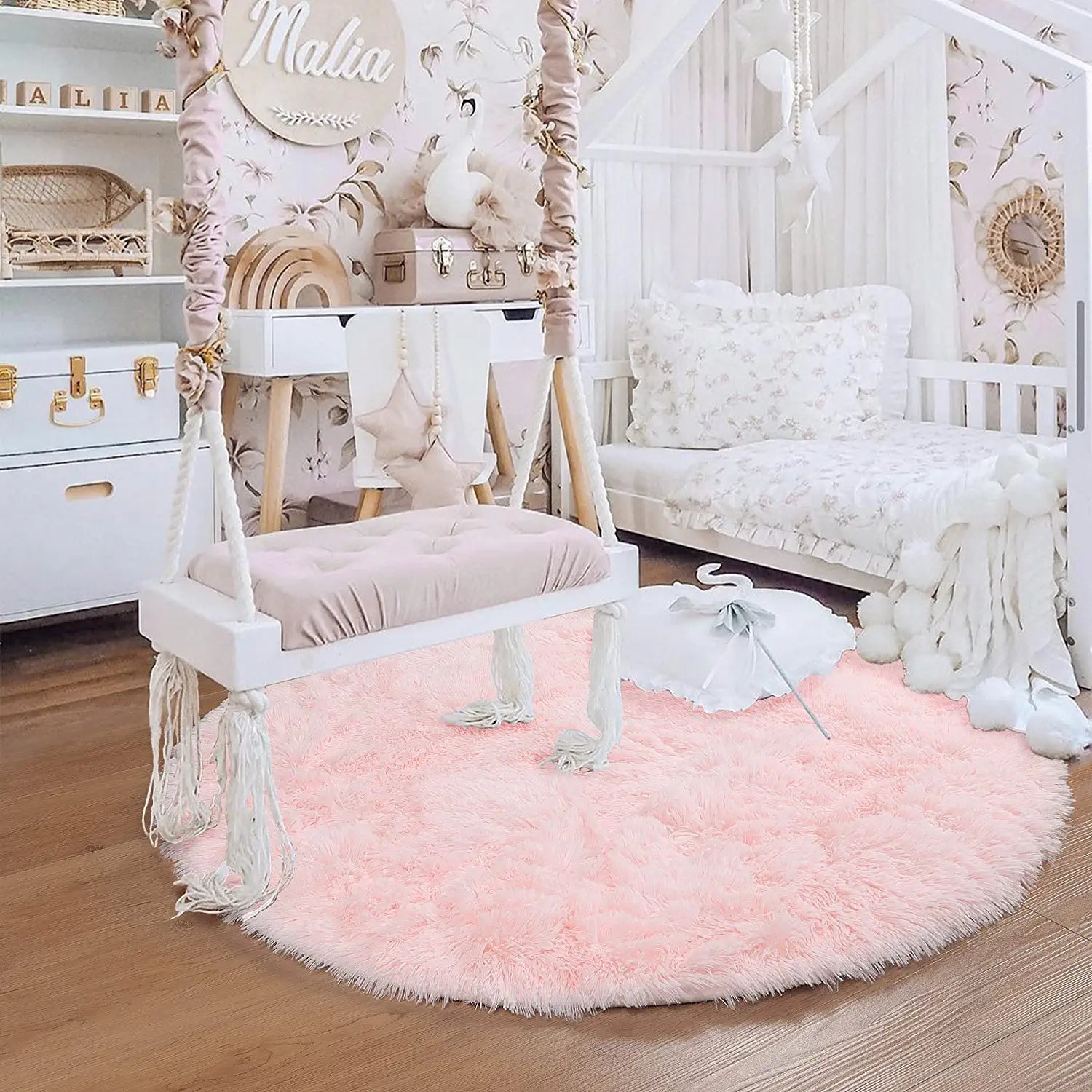 Super Soft Circle Rugs for Girls Princess Castle Toddlers Play Tent 41” Diameter Circular Area Rugs for Kids Bedroom Baby Room Decor round Shag Playhouse Carpets and Nursery Rugs (Pink)