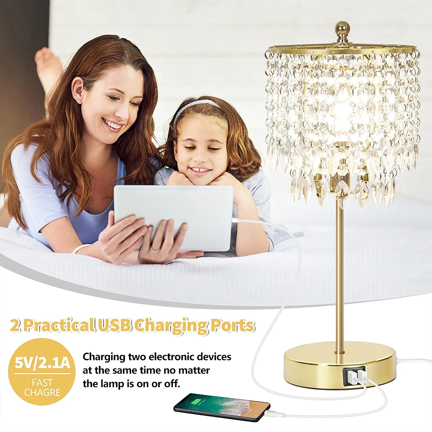 Crystal Table Lamp Set of 2, 3-Way Dimmable Nightstand Lamp with 2 USB Charging Ports, Gold Bedside Lamp for Bedroom, Touch Small Lamp with Elegant Shade for Living Room, B11 LED Bulb Included
