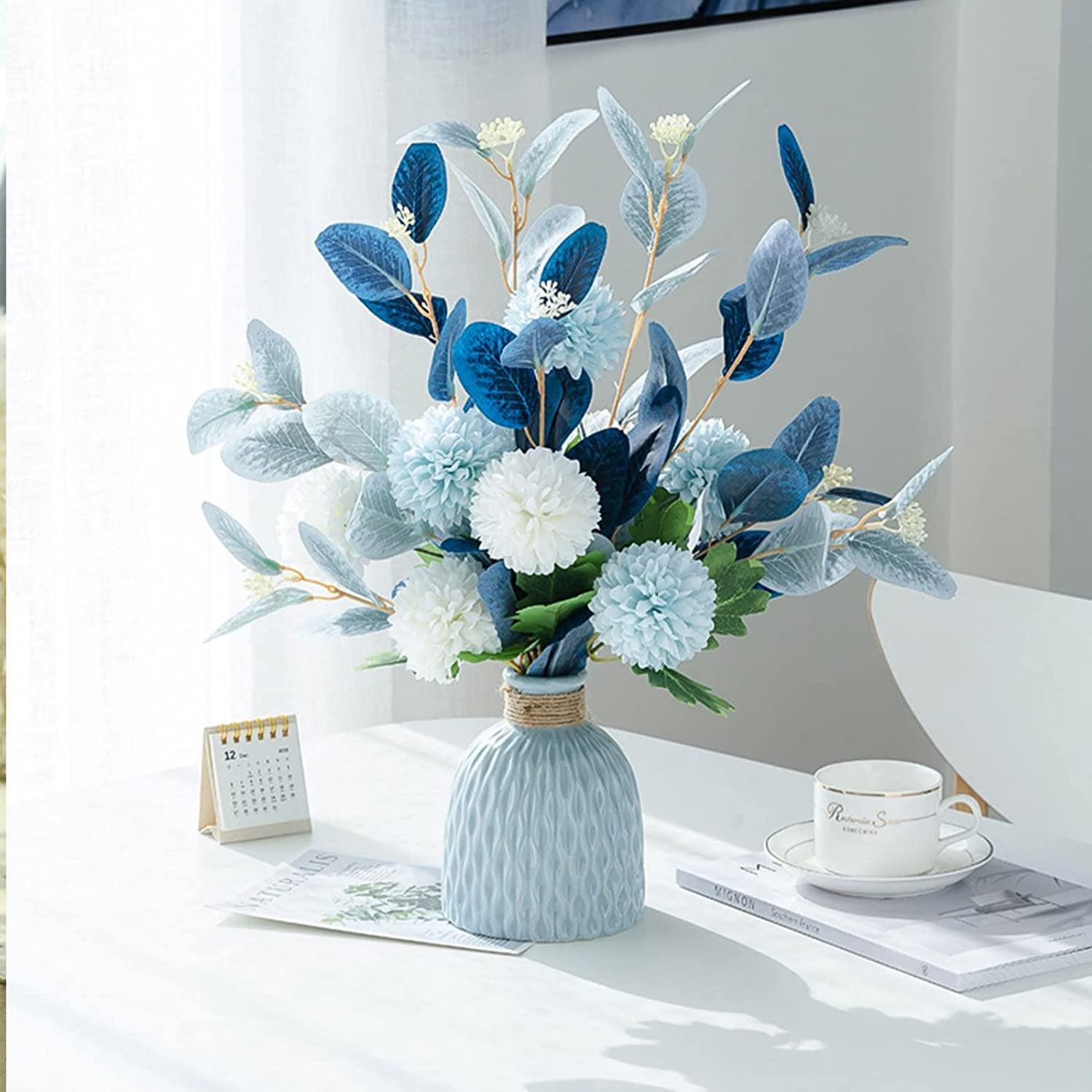 Artificial Flowers with Ceramic Vase, Blue Hydrangea Silk Flowers for Decoration, Wedding Party Home Decor
