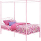 Metal Canopy Kids Platform Bed with Four Poster Design, Scrollwork Headboard and Footboard, Underbed Storage Space, No Box Sring Needed, Twin, Pink