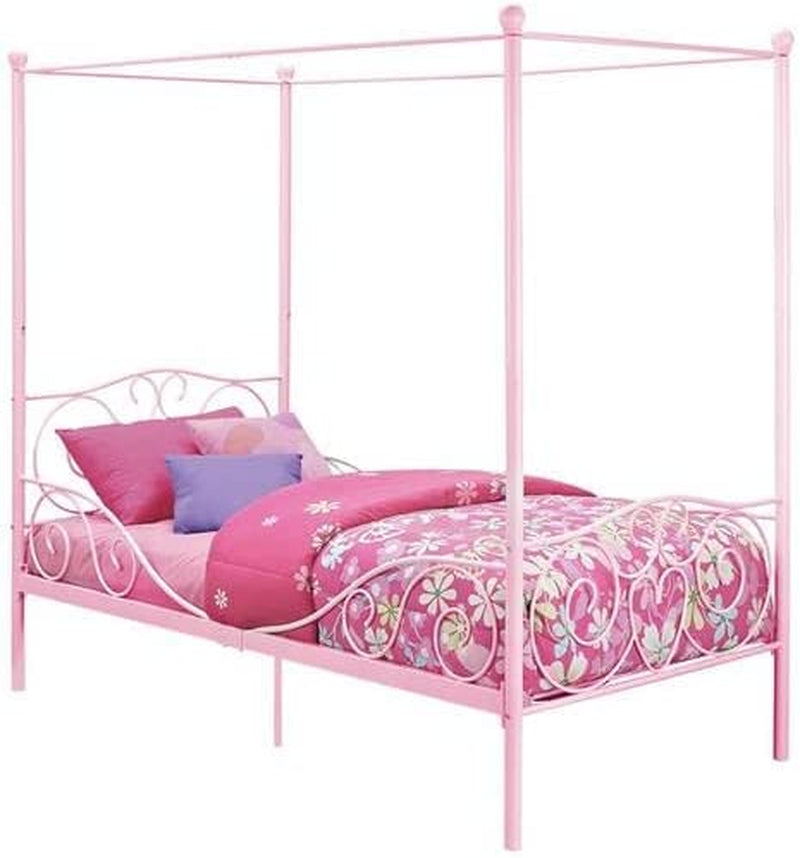Metal Canopy Kids Platform Bed with Four Poster Design, Scrollwork Headboard and Footboard, Underbed Storage Space, No Box Sring Needed, Twin, Pink