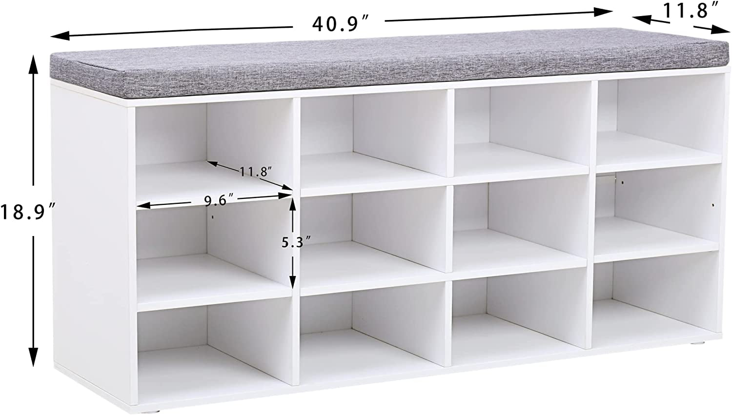 Shoe Storage Bench with Cushion, Cubby Shoe Rack with 12 Cubbies, Adjustable Shelves, Multifunctional Shoe Organizer Bench for Entryway, Mudroom, Hallway, Closet and Garage, White