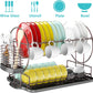Dish Drying Rack with Drainboard for Kitchen Counter, Bronze 2 Tier Dish Rack with Utensil Holder, Multifunction Dishes Drainer with Drainage, Double Tier Plate Drying Rack with Tray
