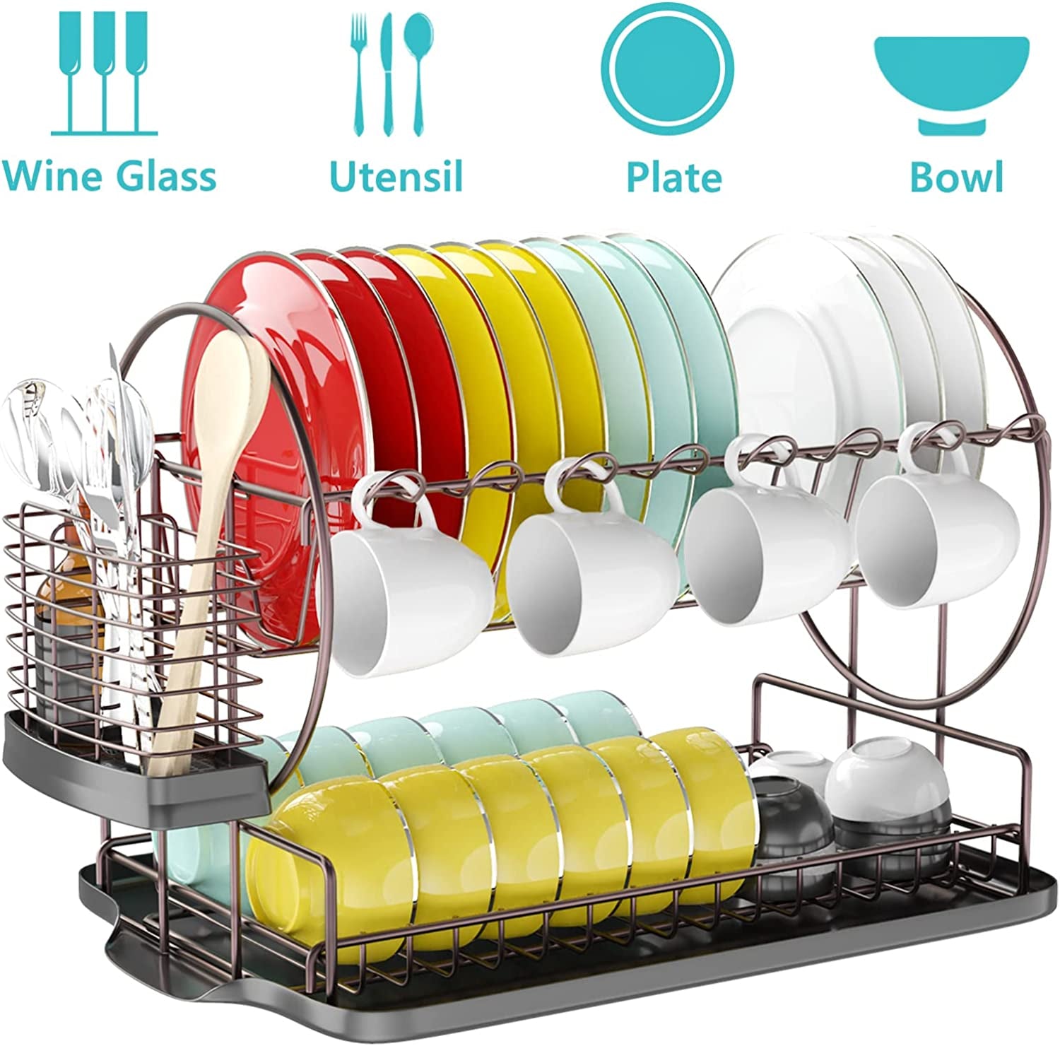 Dish Drying Rack with Drainboard for Kitchen Counter, Bronze 2 Tier Dish Rack with Utensil Holder, Multifunction Dishes Drainer with Drainage, Double Tier Plate Drying Rack with Tray